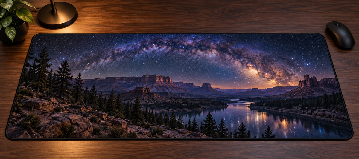 Milky Way Arch Desk Mat with dimensional printed themed artwork; representative AI-generated mockup.