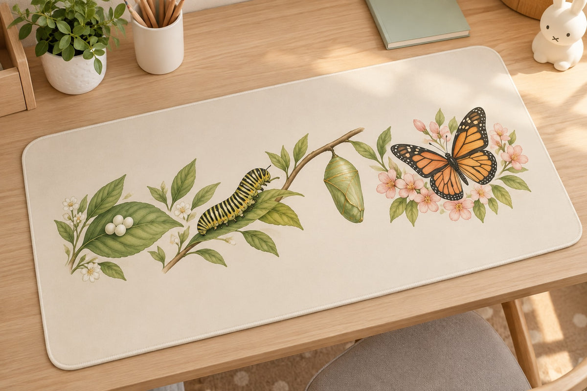 Butterfly Life Stages Desk Mat with dimensional printed themed artwork; representative AI-generated mockup.