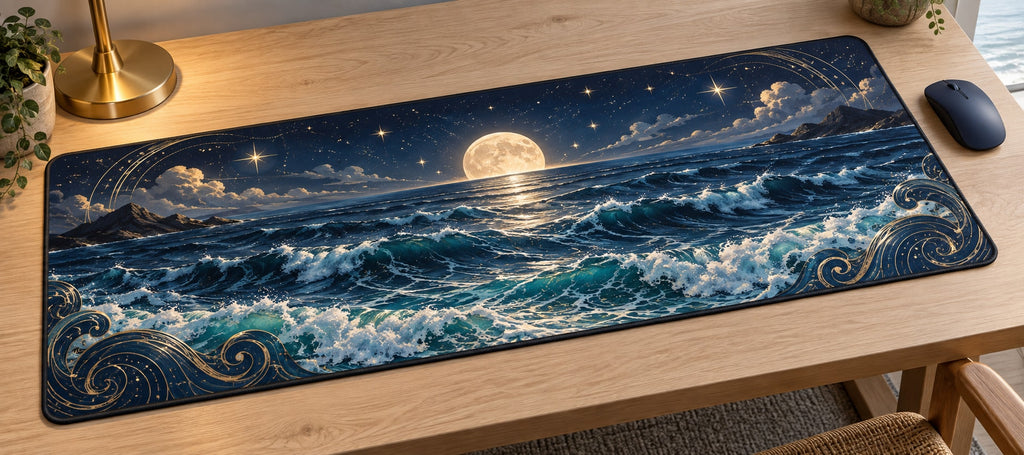Celestial Ocean Tide Desk Mat with dimensional printed themed artwork; representative AI-generated mockup.