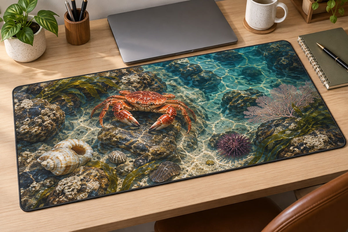Crab Tidal Pool Desk Mat with dimensional printed themed artwork; representative AI-generated mockup.