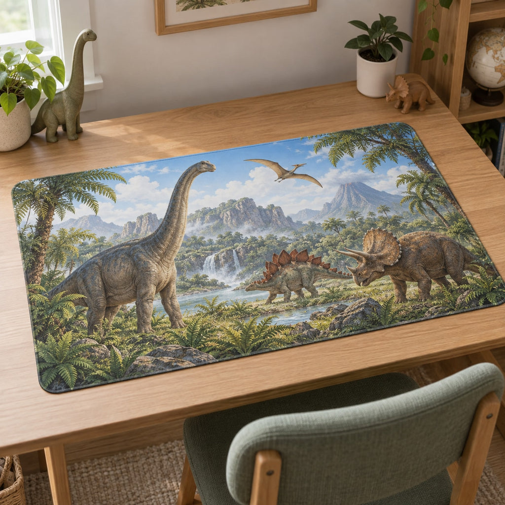 Dinosaur Discovery Desk Mat with dimensional printed themed artwork; representative AI-generated mockup.