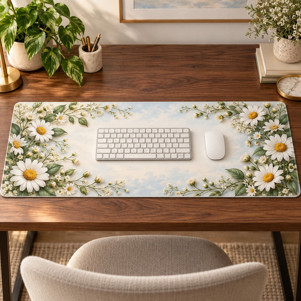 Daisy Chain Desk Mat with dimensional printed themed artwork; representative AI-generated mockup.