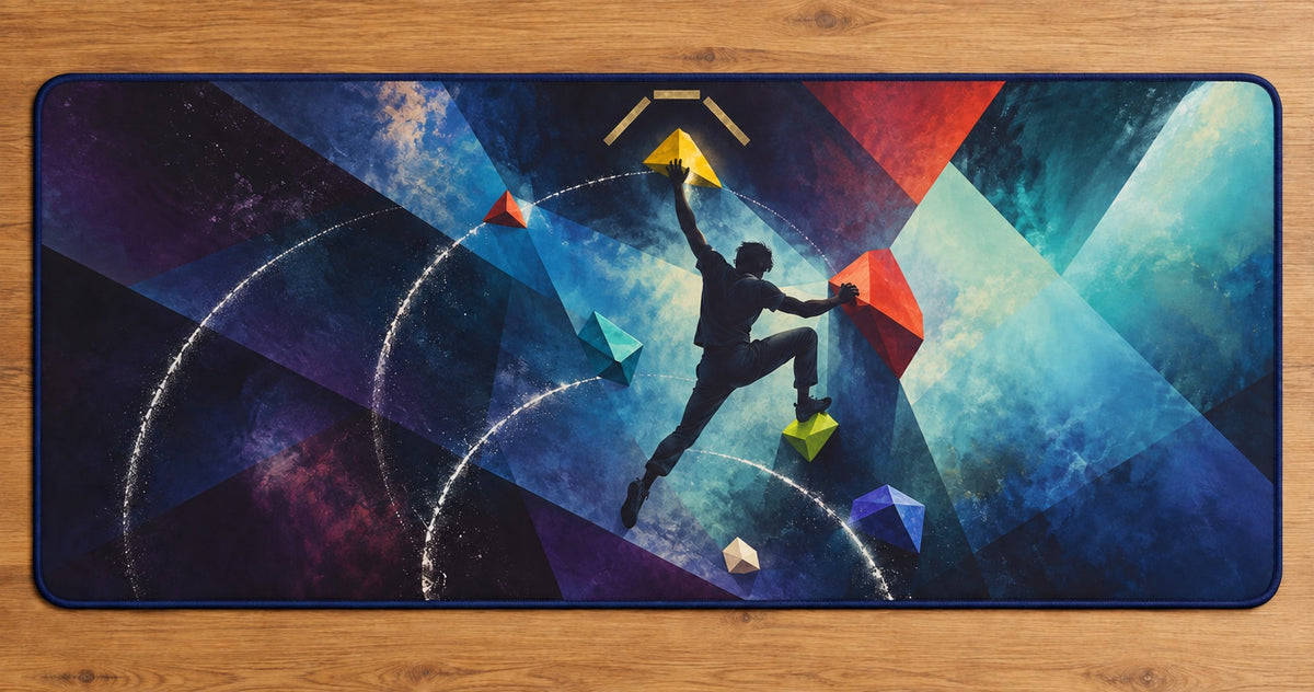 Prismatic Crux Constellation Desk Mat with dimensional printed themed artwork; representative AI-generated mockup.