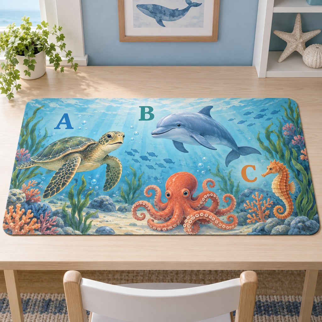 Ocean Animal Alphabet Desk Mat with dimensional printed themed artwork; representative AI-generated mockup.