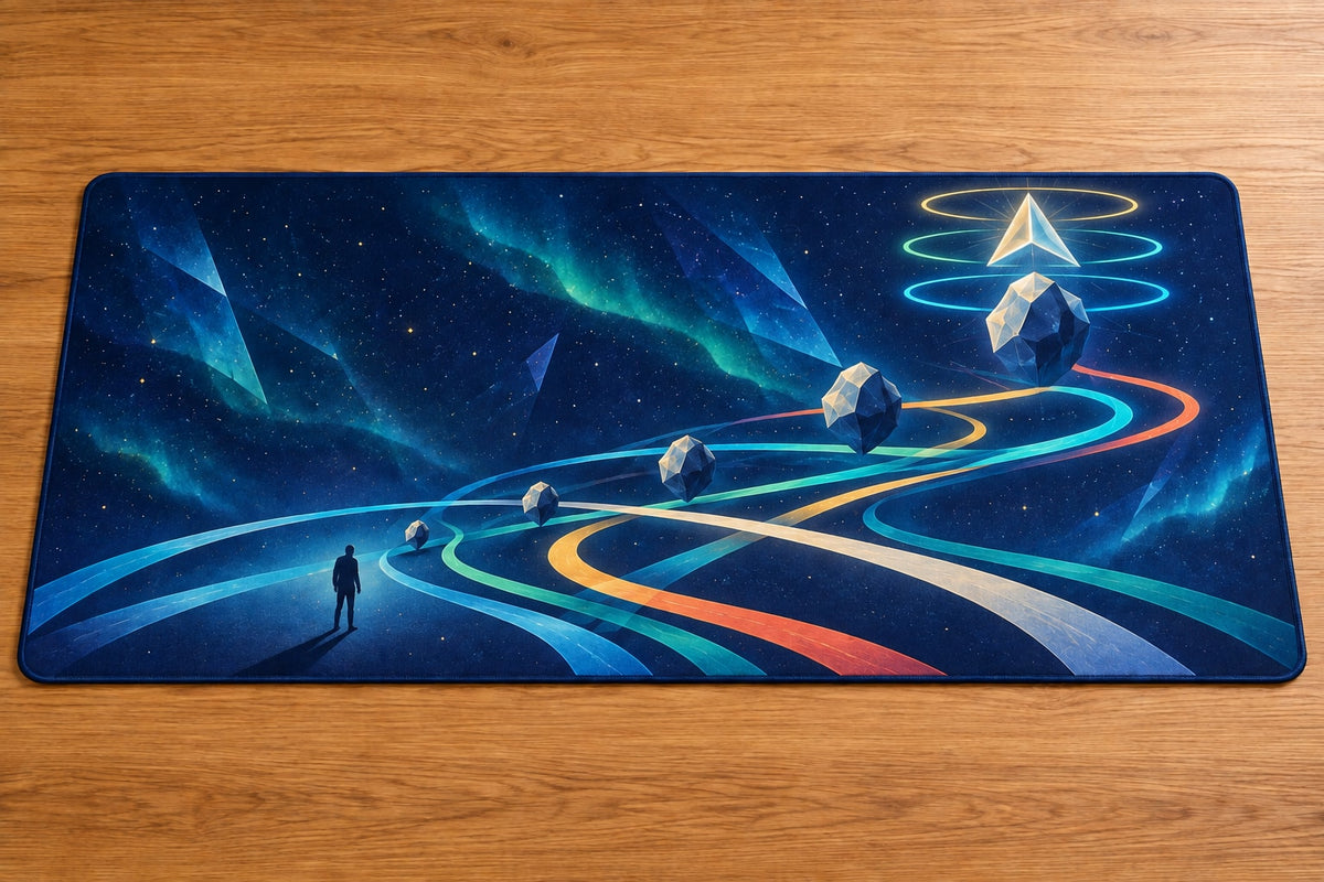 Aurora Cairn Ascension Desk Mat with dimensional printed themed artwork; representative AI-generated mockup.