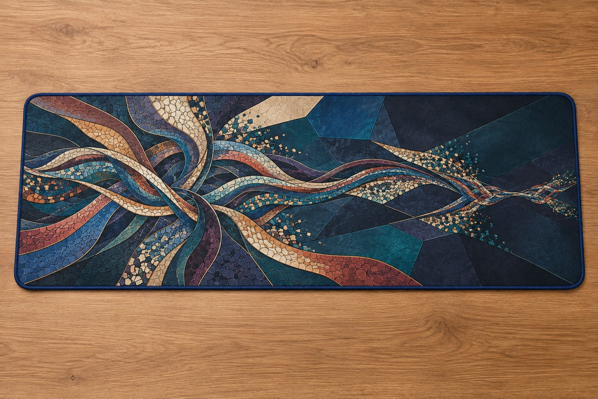 Strategy Mosaic Relay Desk Mat with dimensional printed themed artwork; representative AI-generated mockup.