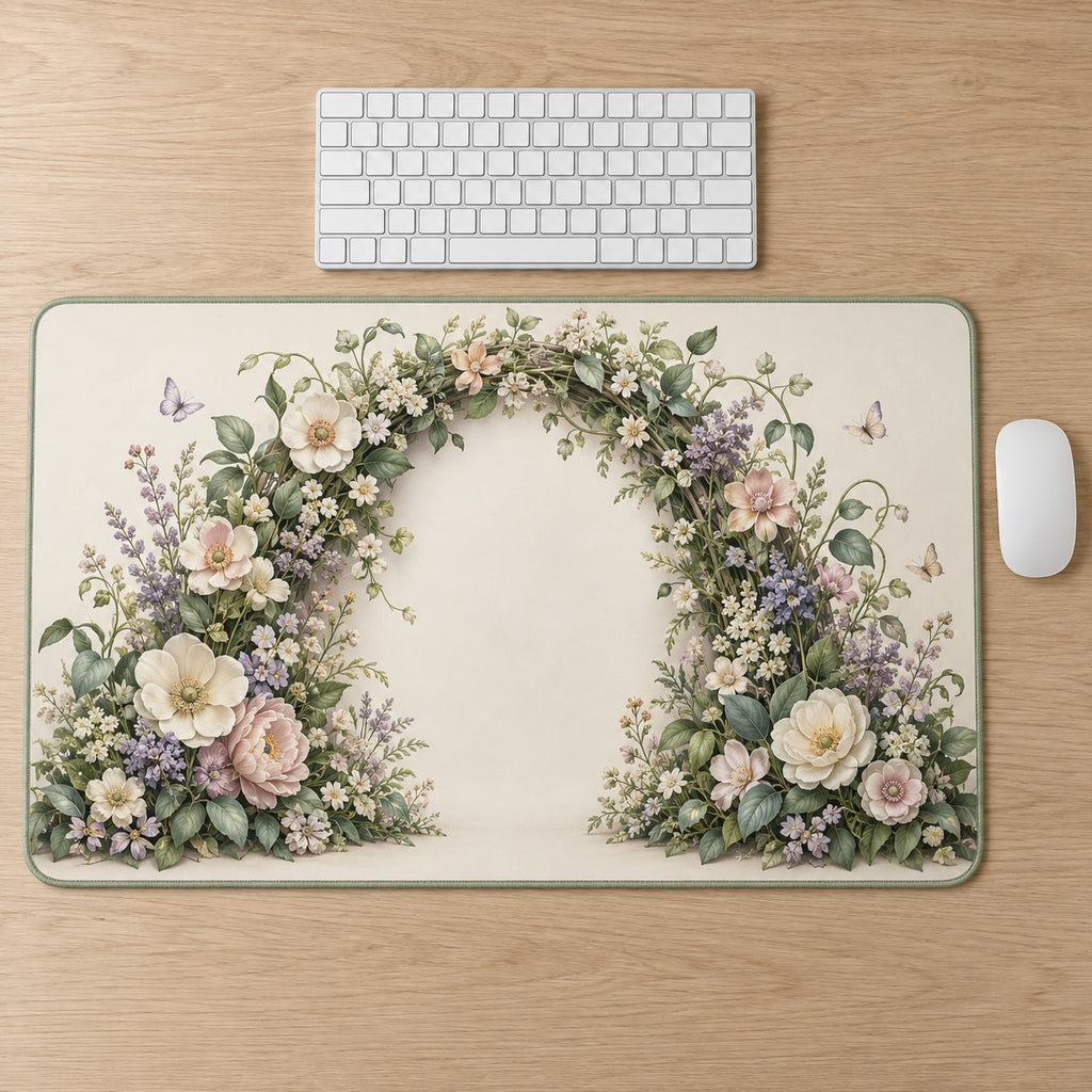 First Birthday Garden Arch Desk Mat with dimensional printed themed artwork; representative AI-generated mockup.