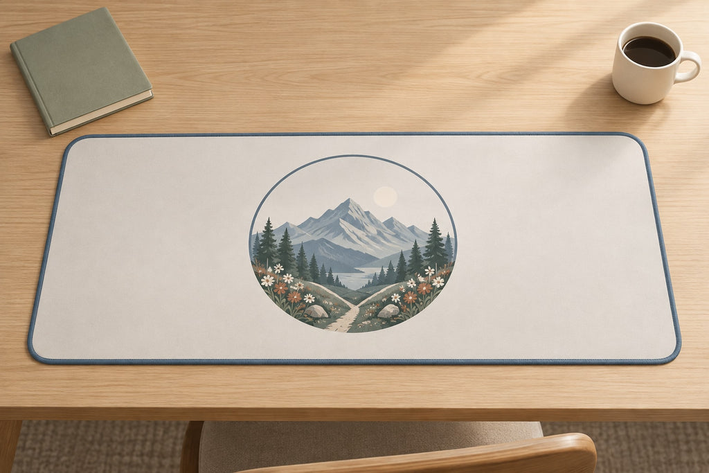 Mountain Elopement Ridge Desk Mat with dimensional printed themed artwork; representative AI-generated mockup.