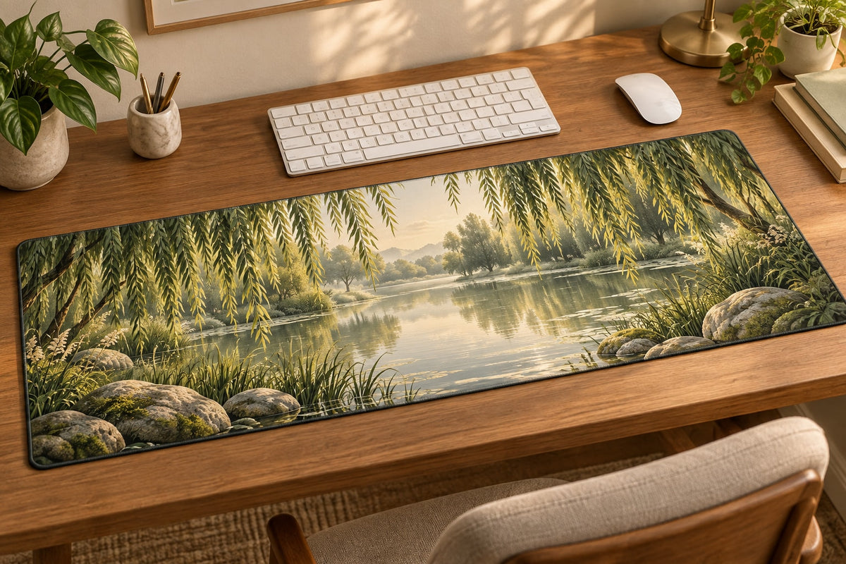 Willow Pond Desk Mat with dimensional printed themed artwork; representative AI-generated mockup.