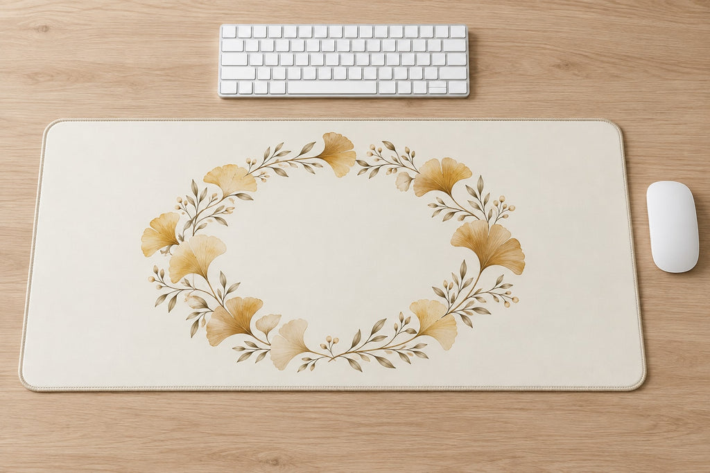 Golden Anniversary Ginkgo Halo Desk Mat with dimensional printed themed artwork; representative AI-generated mockup.