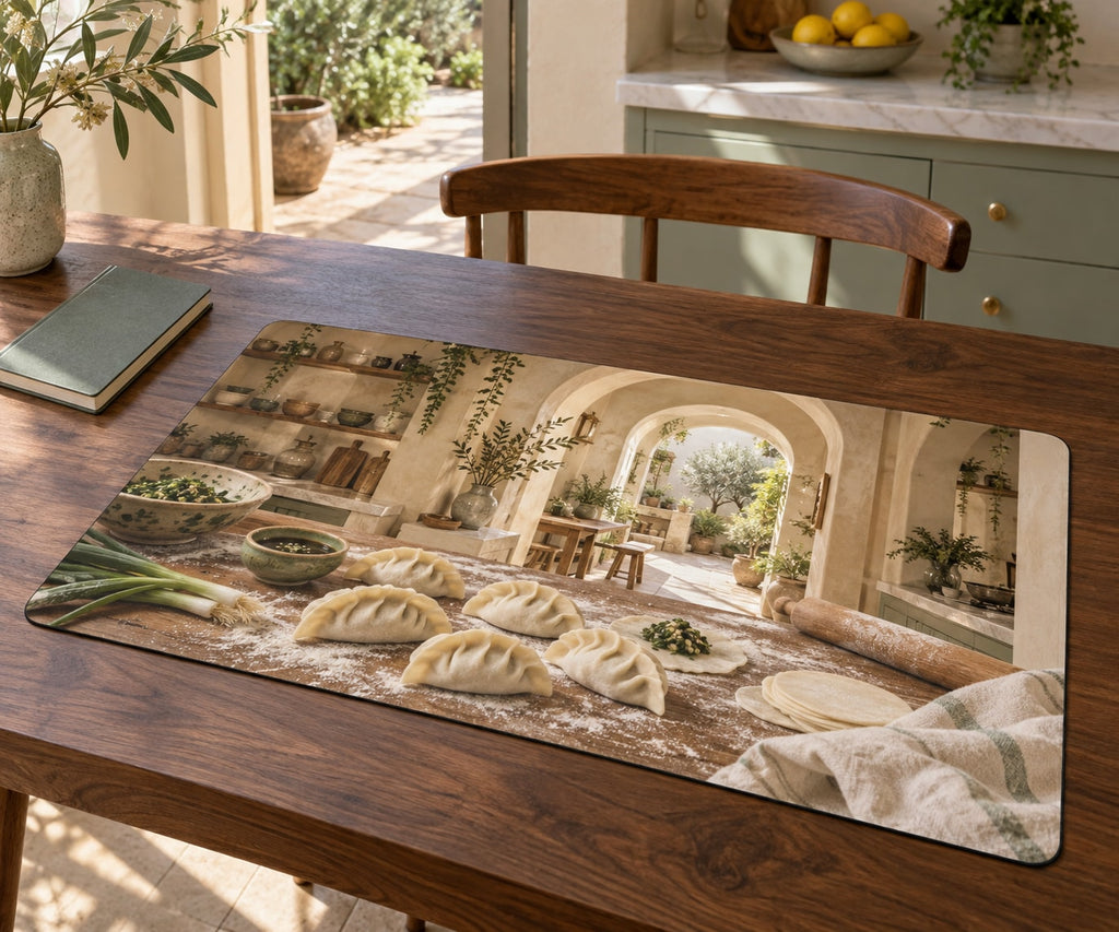 Dumpling Making Desk Mat with dimensional printed themed artwork; representative AI-generated mockup.