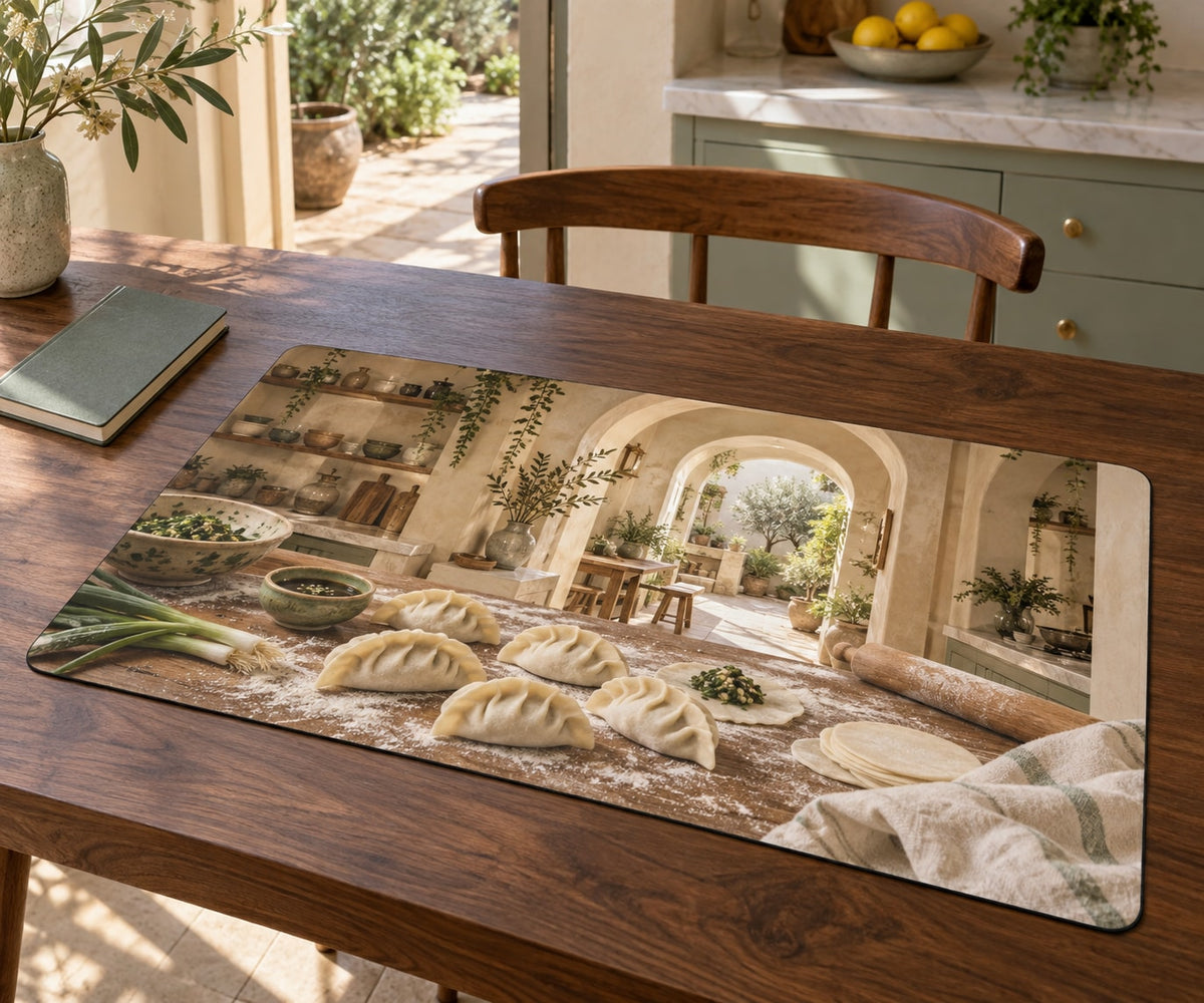 Dumpling Making Desk Mat with dimensional printed themed artwork; representative AI-generated mockup.