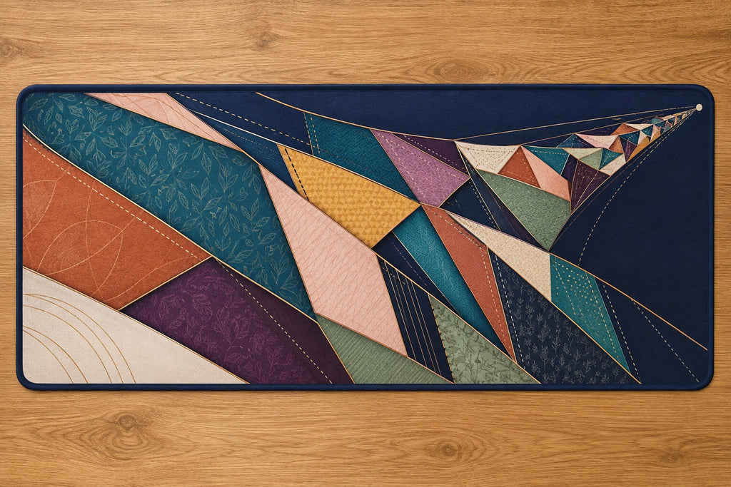 Selvedge Prismfall Desk Mat with dimensional printed themed artwork; representative AI-generated mockup.