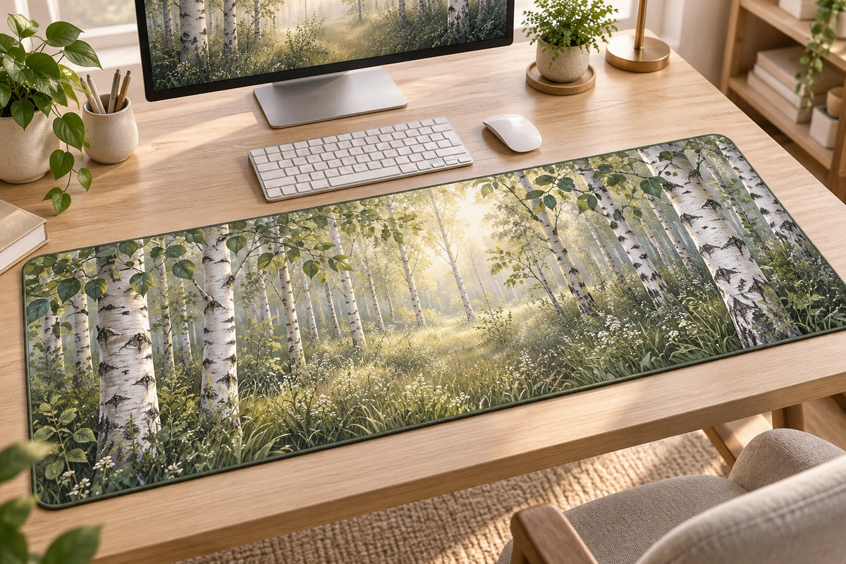 Birch Grove Desk Mat with dimensional printed themed artwork; representative AI-generated mockup.