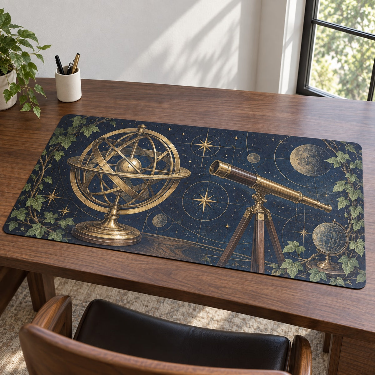Ancient Observatory Desk Mat with dimensional printed themed artwork; representative AI-generated mockup.