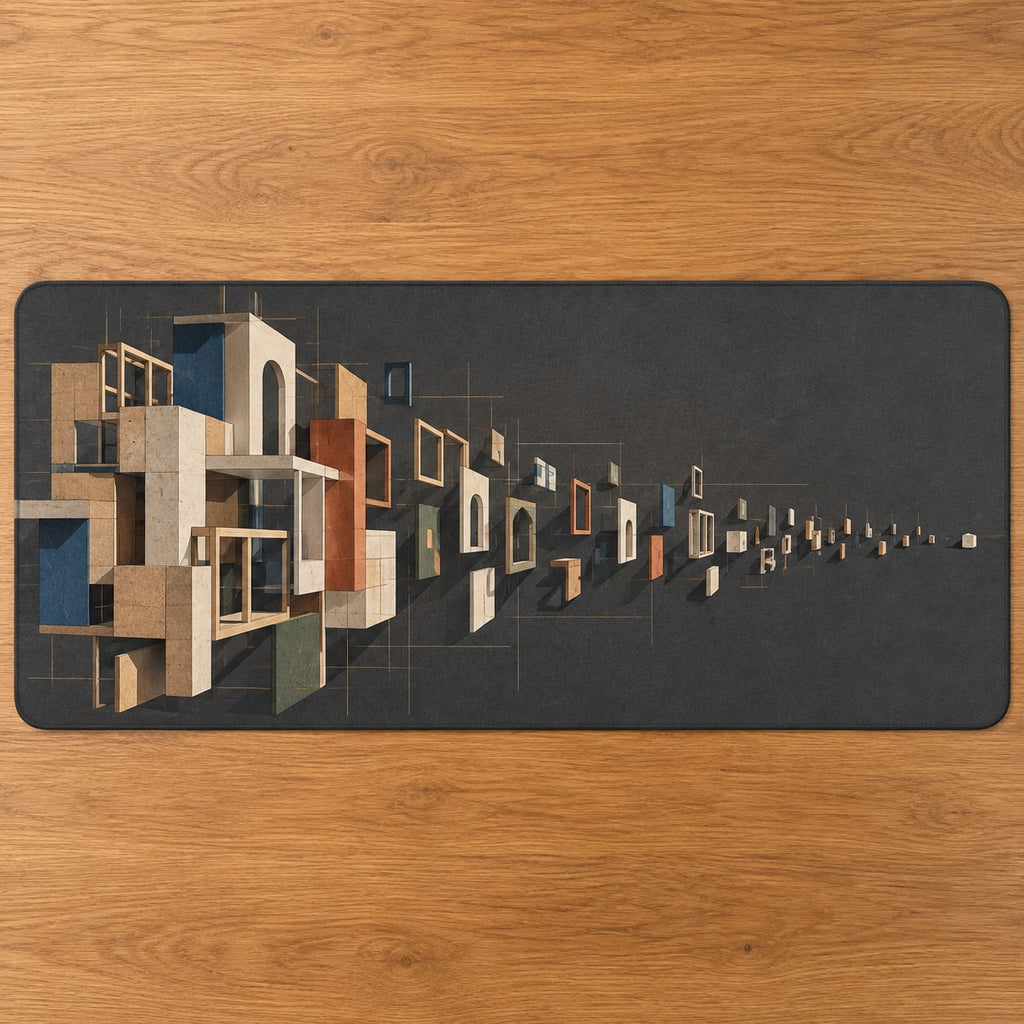 Pocket Atelier Parallax Desk Mat with dimensional printed themed artwork; representative AI-generated mockup.