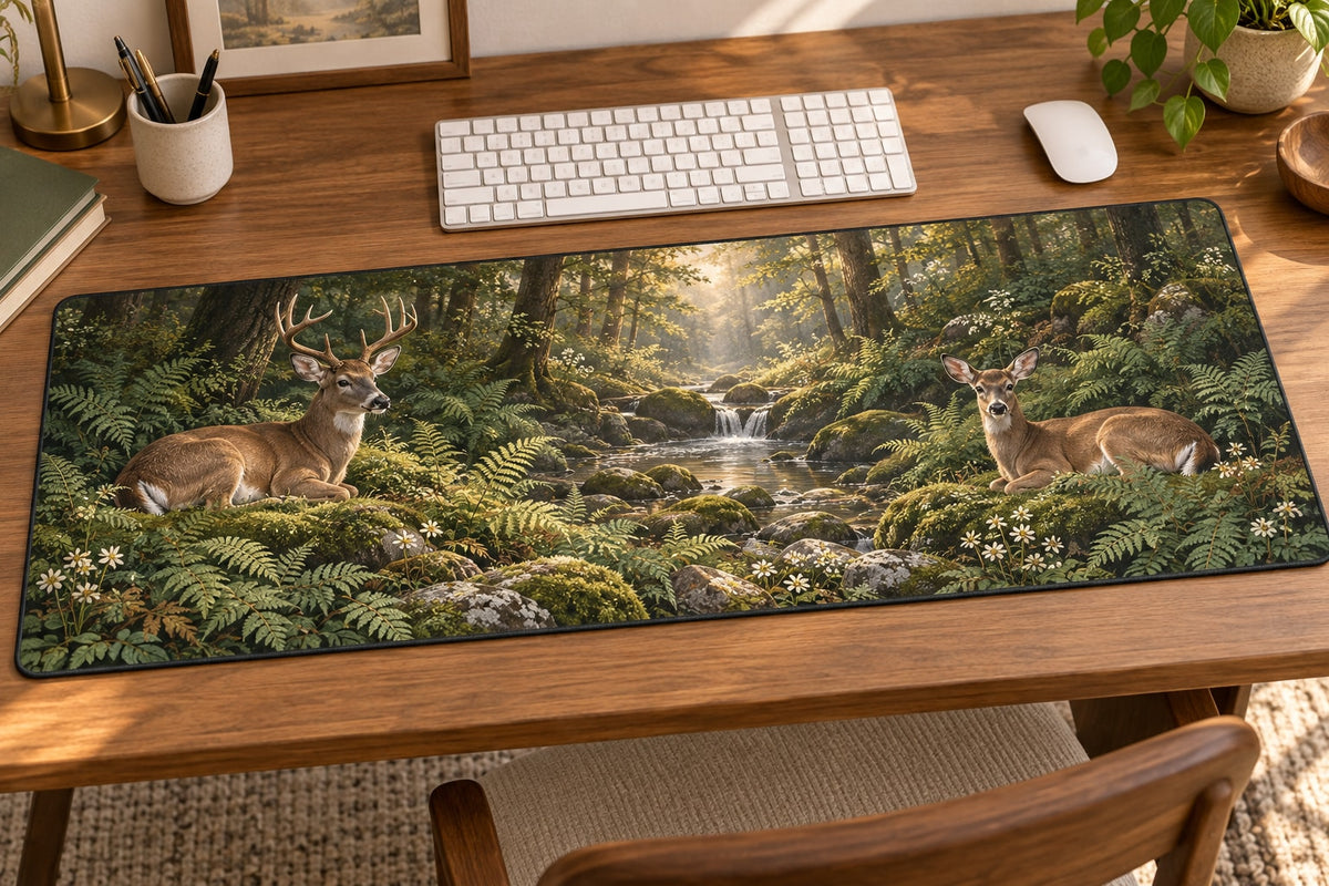 Deer and Ferns Desk Mat with dimensional printed themed artwork; representative AI-generated mockup.