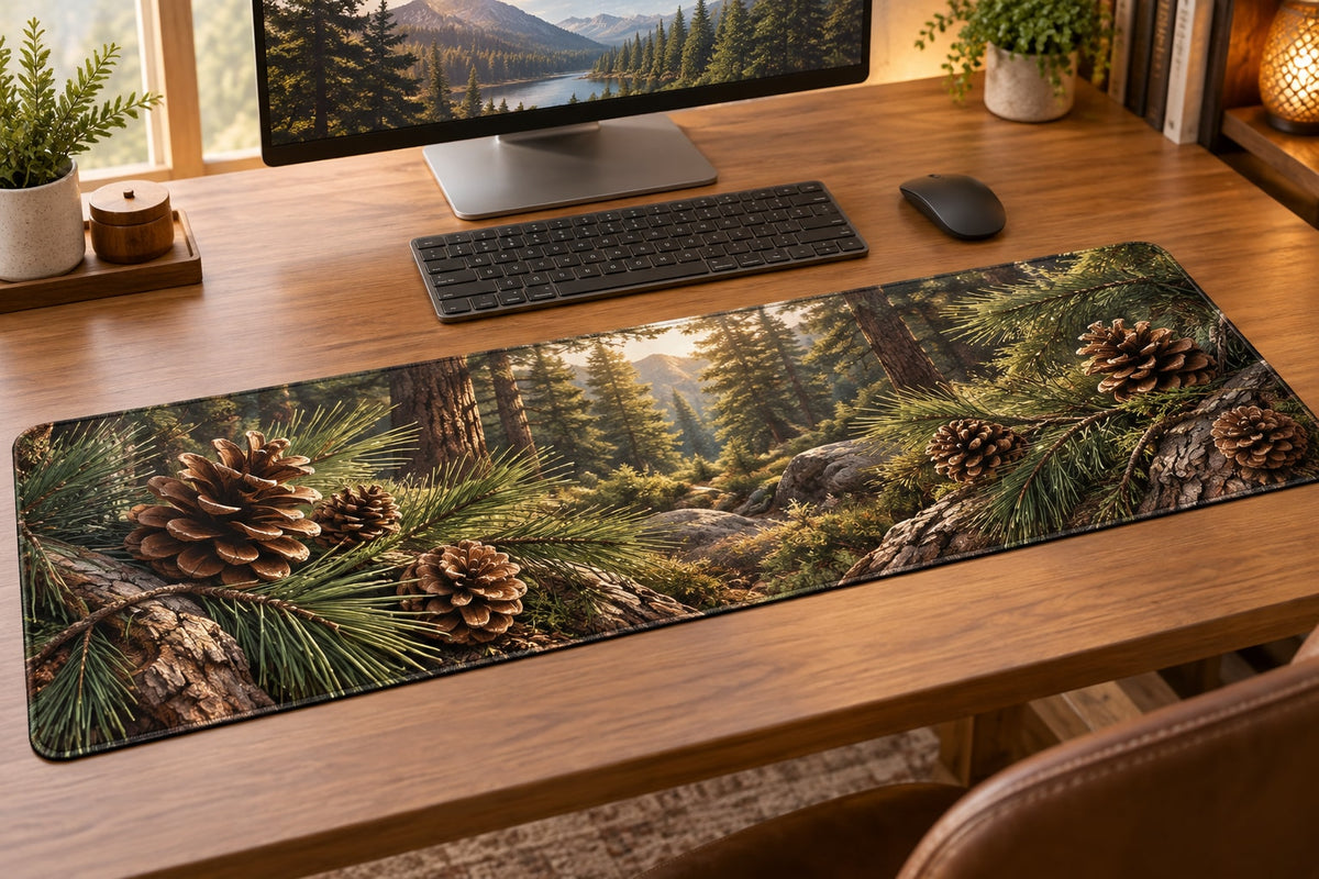 Pinecones and Needles Desk Mat with dimensional printed themed artwork; representative AI-generated mockup.