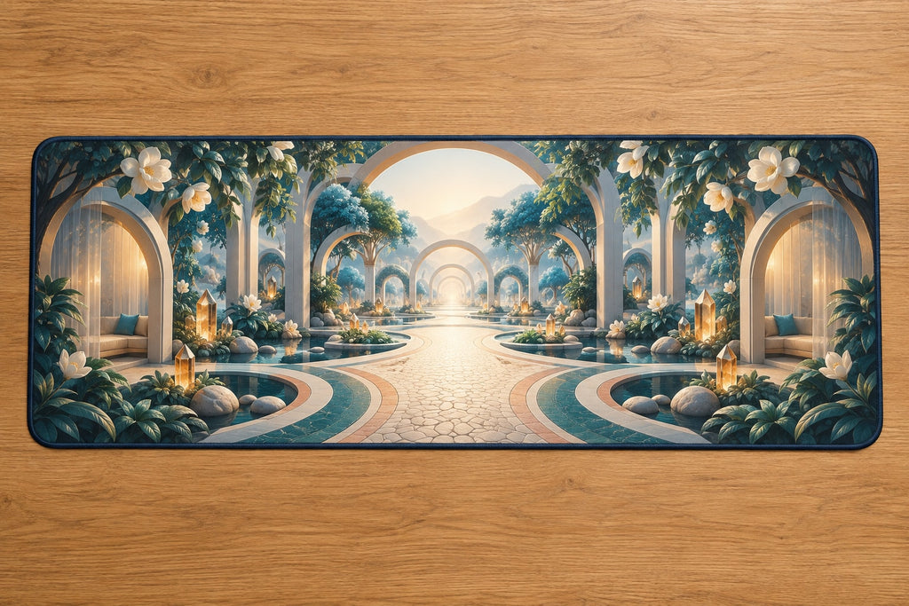 Empathy Pathway Sanctuary Desk Mat with dimensional printed themed artwork; representative AI-generated mockup.