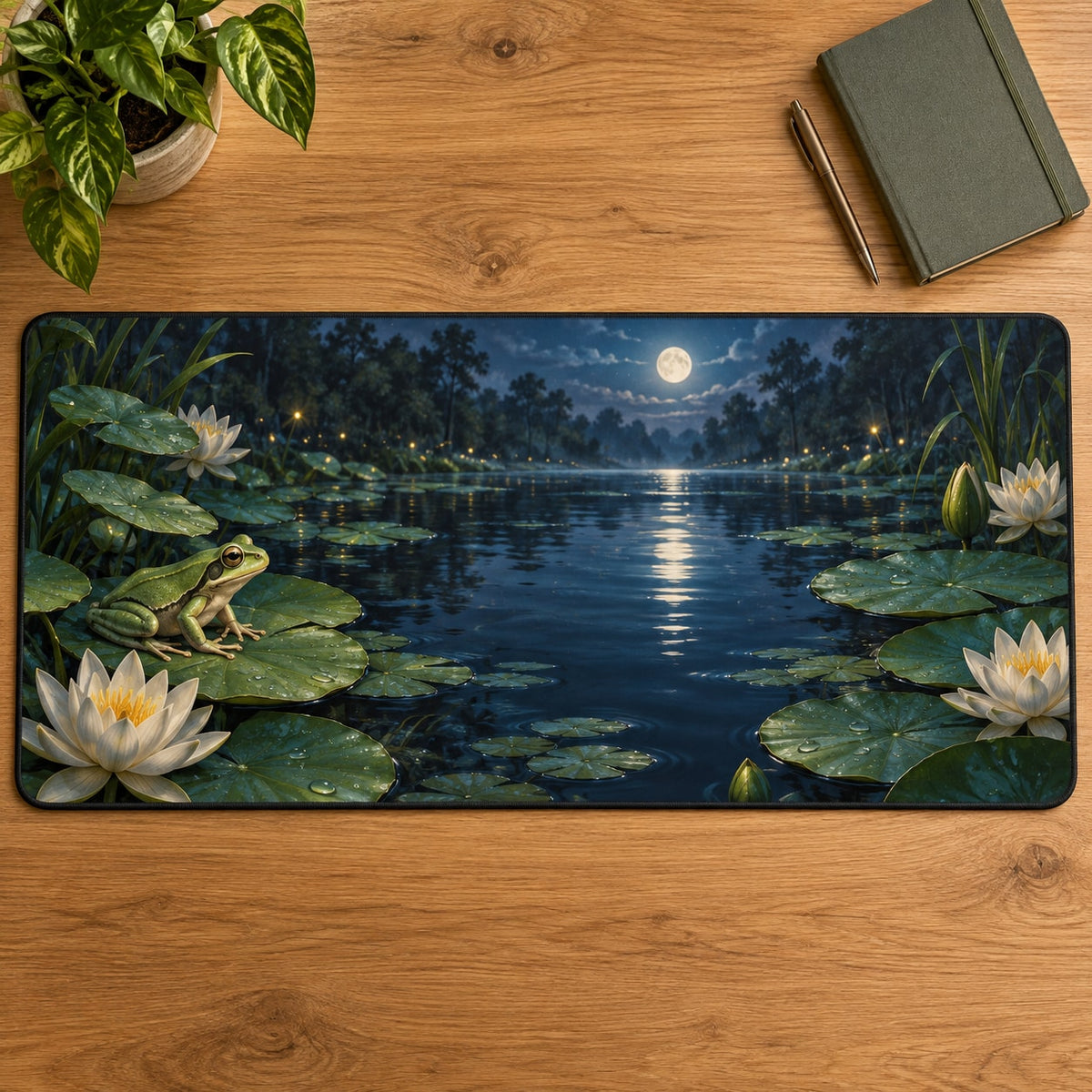 Enchanted Frog Pond Desk Mat with dimensional printed themed artwork; representative AI-generated mockup.