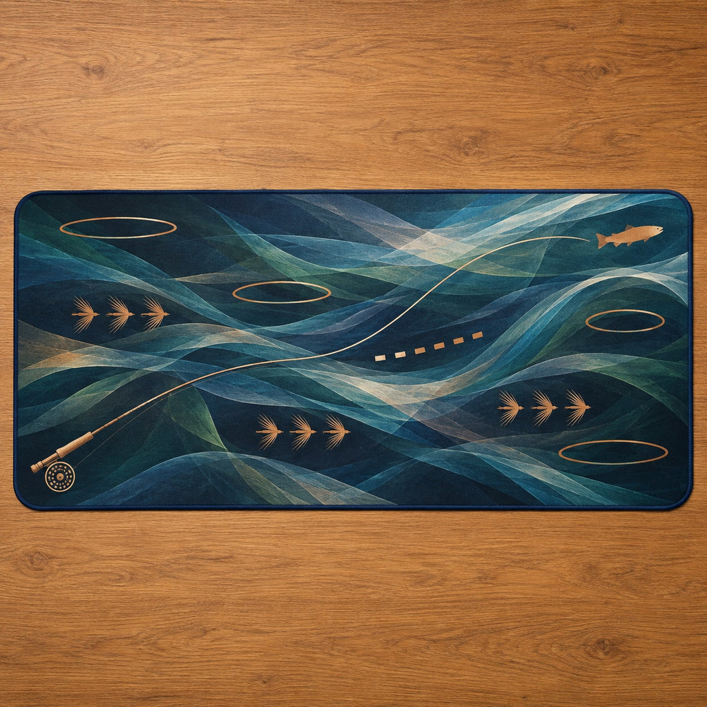Rifflelight Cast Journey Desk Mat with dimensional printed themed artwork; representative AI-generated mockup.