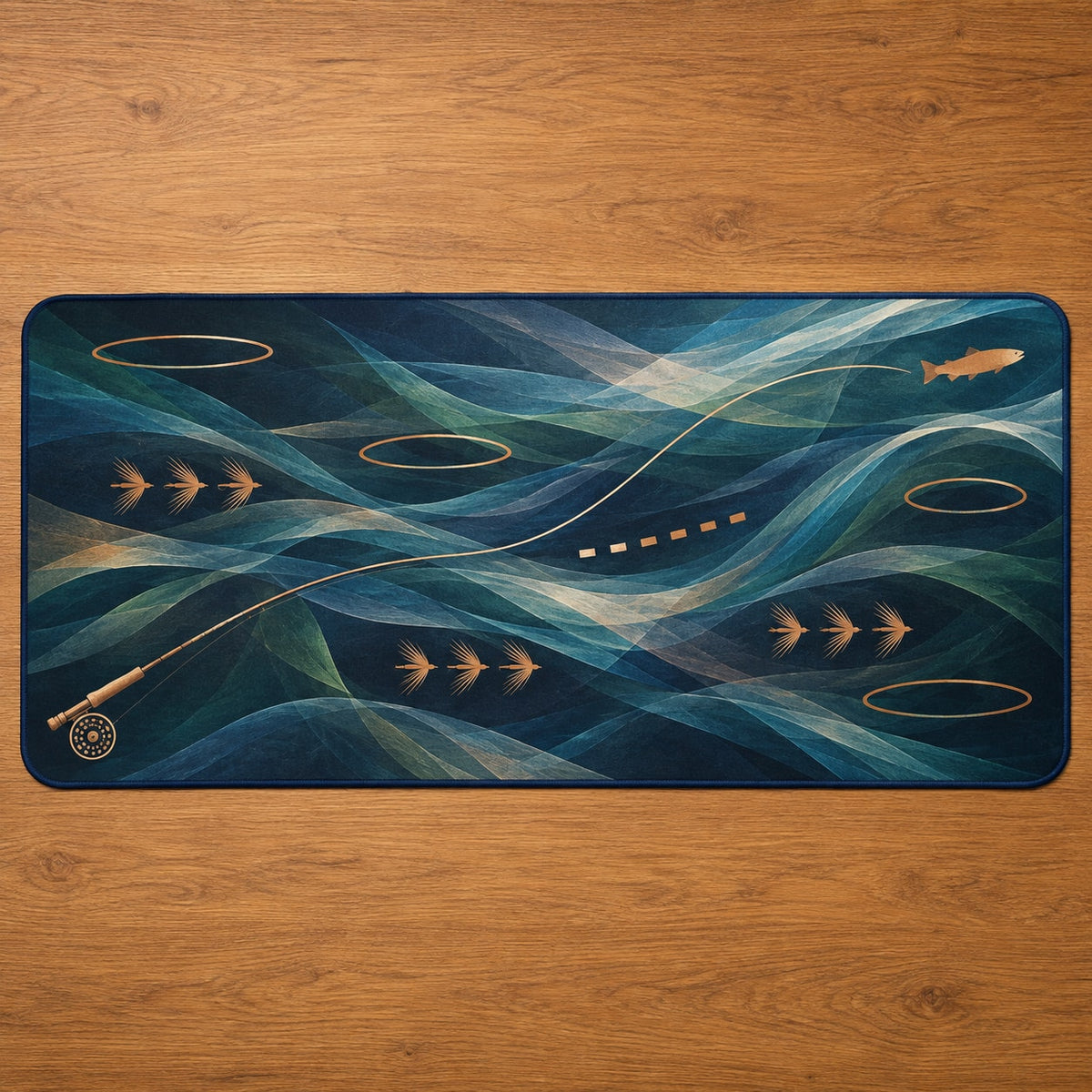 Rifflelight Cast Journey Desk Mat with dimensional printed themed artwork; representative AI-generated mockup.