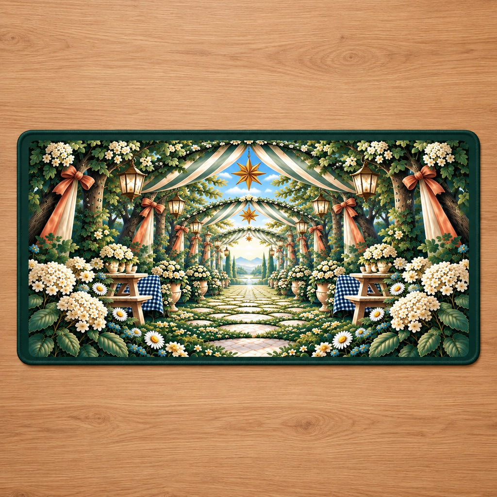 Reunion Picnic Grove Desk Mat with dimensional printed themed artwork; representative AI-generated mockup.