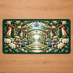 Reunion Picnic Grove Desk Mat with dimensional printed themed artwork; representative AI-generated mockup.