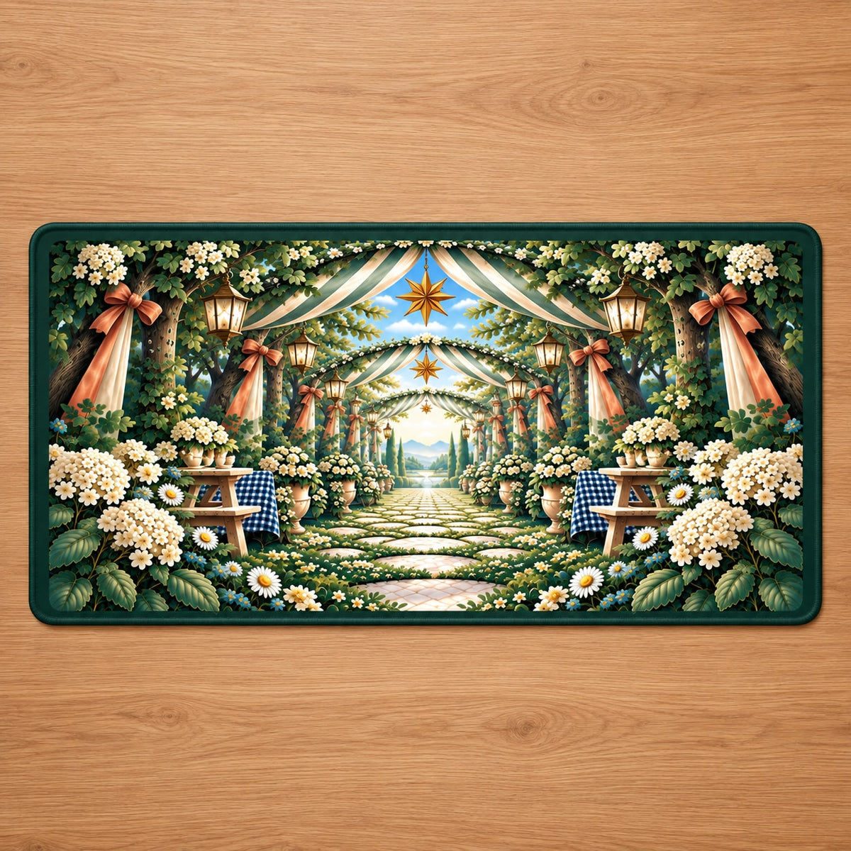Reunion Picnic Grove Desk Mat with dimensional printed themed artwork; representative AI-generated mockup.