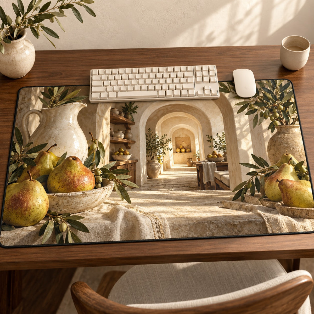 Pear Still Life Desk Mat with dimensional printed themed artwork; representative AI-generated mockup.