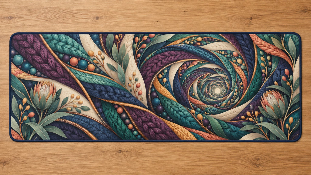 Stitchlight Loom Atrium Desk Mat with dimensional printed themed artwork; representative AI-generated mockup.