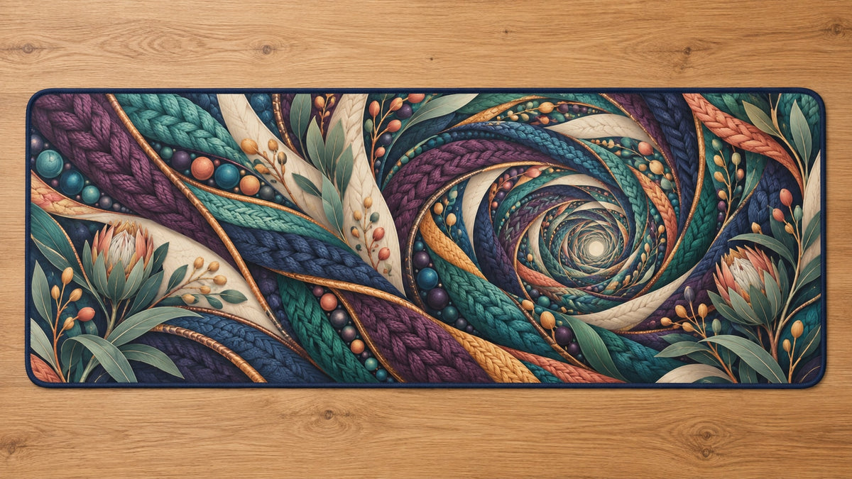 Stitchlight Loom Atrium Desk Mat with dimensional printed themed artwork; representative AI-generated mockup.