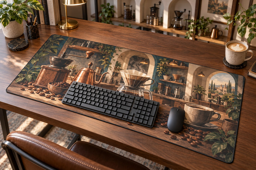 Coffee Brewing Tools Desk Mat with dimensional printed themed artwork; representative AI-generated mockup.