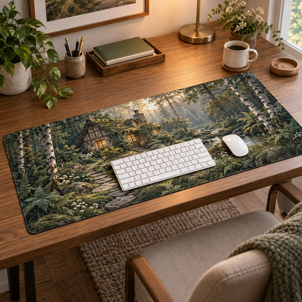 Woodland Cottage Desk Mat with dimensional printed themed artwork; representative AI-generated mockup.