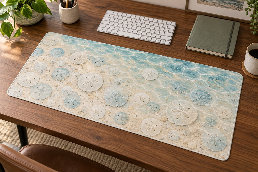 Sand Dollar Pattern Desk Mat with dimensional printed themed artwork; representative AI-generated mockup.