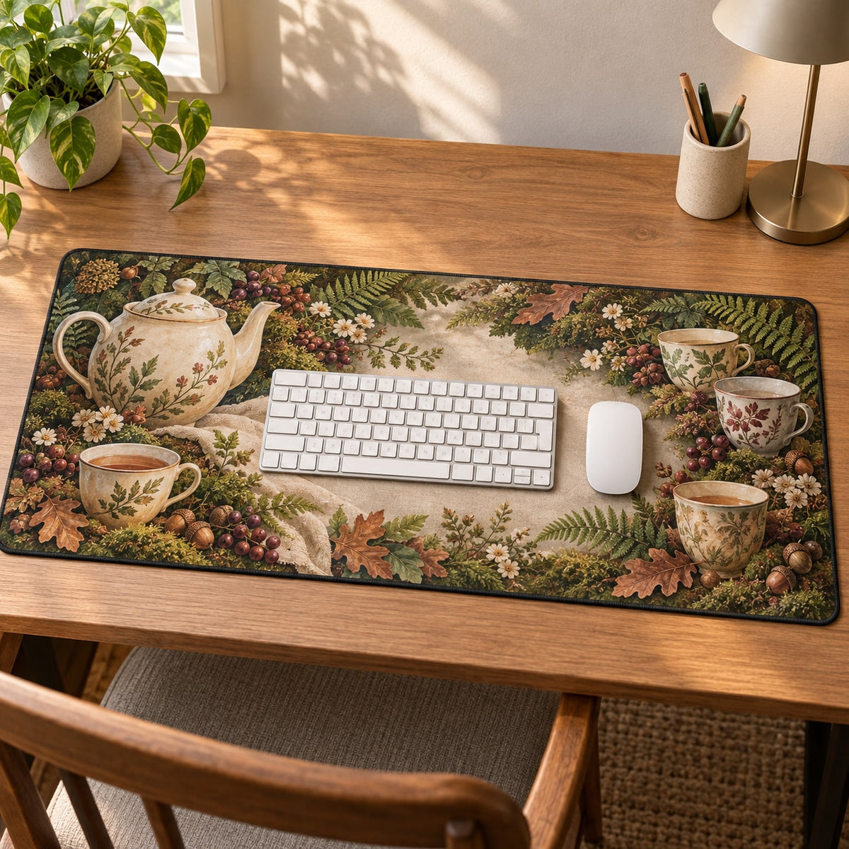 Woodland Tea Picnic Desk Mat with dimensional printed themed artwork; representative AI-generated mockup.