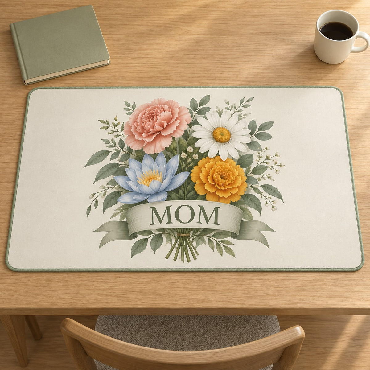 Mother Family Birth Flowers Desk Mat with dimensional printed themed artwork; representative AI-generated mockup.