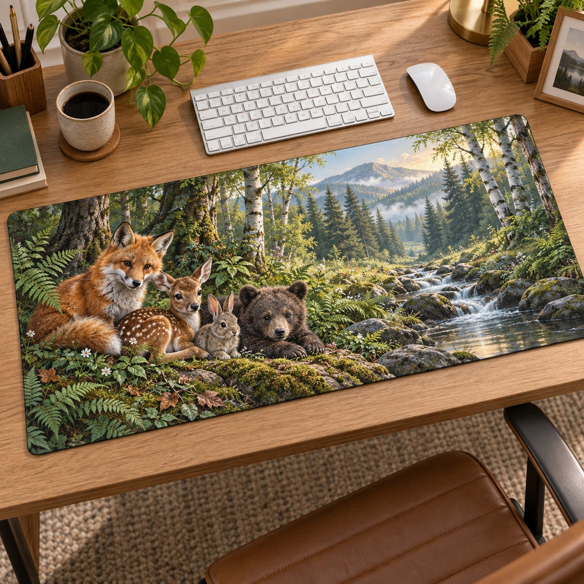 Woodland Animal Friends Desk Mat with dimensional printed themed artwork; representative AI-generated mockup.