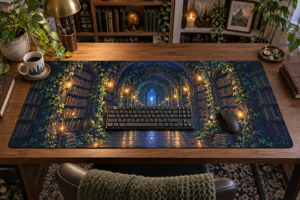 Enchanted Library Arch Desk Mat with dimensional printed themed artwork; representative AI-generated mockup.