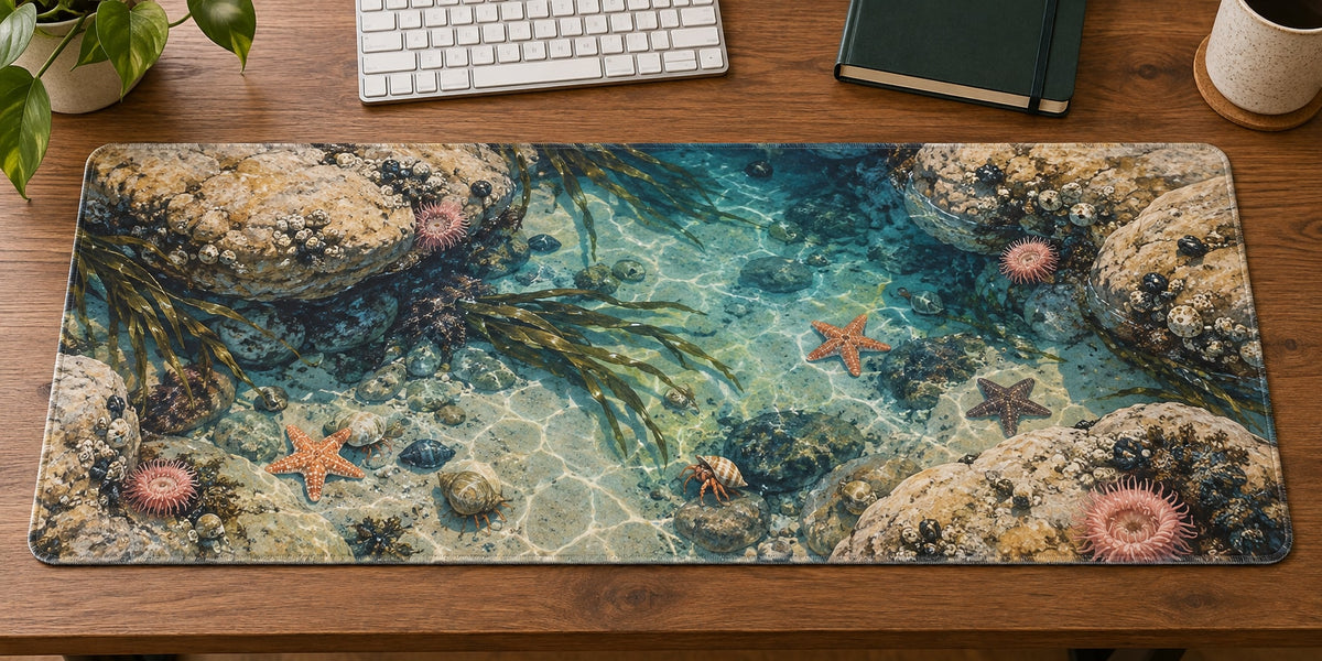 Tide Pool Creatures Desk Mat with dimensional printed themed artwork; representative AI-generated mockup.