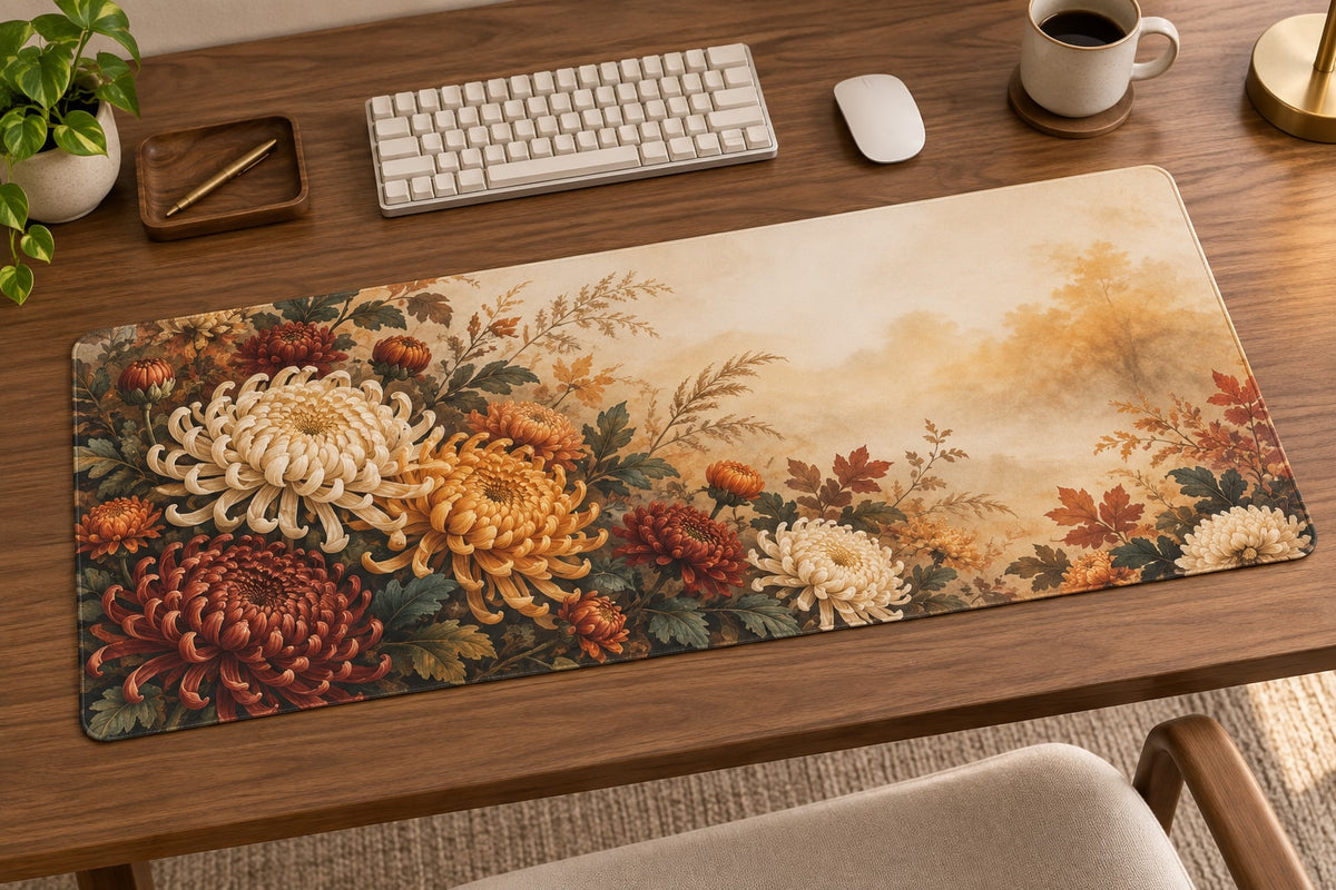 Chrysanthemum Autumn Garden Desk Mat with dimensional printed themed artwork; representative AI-generated mockup.