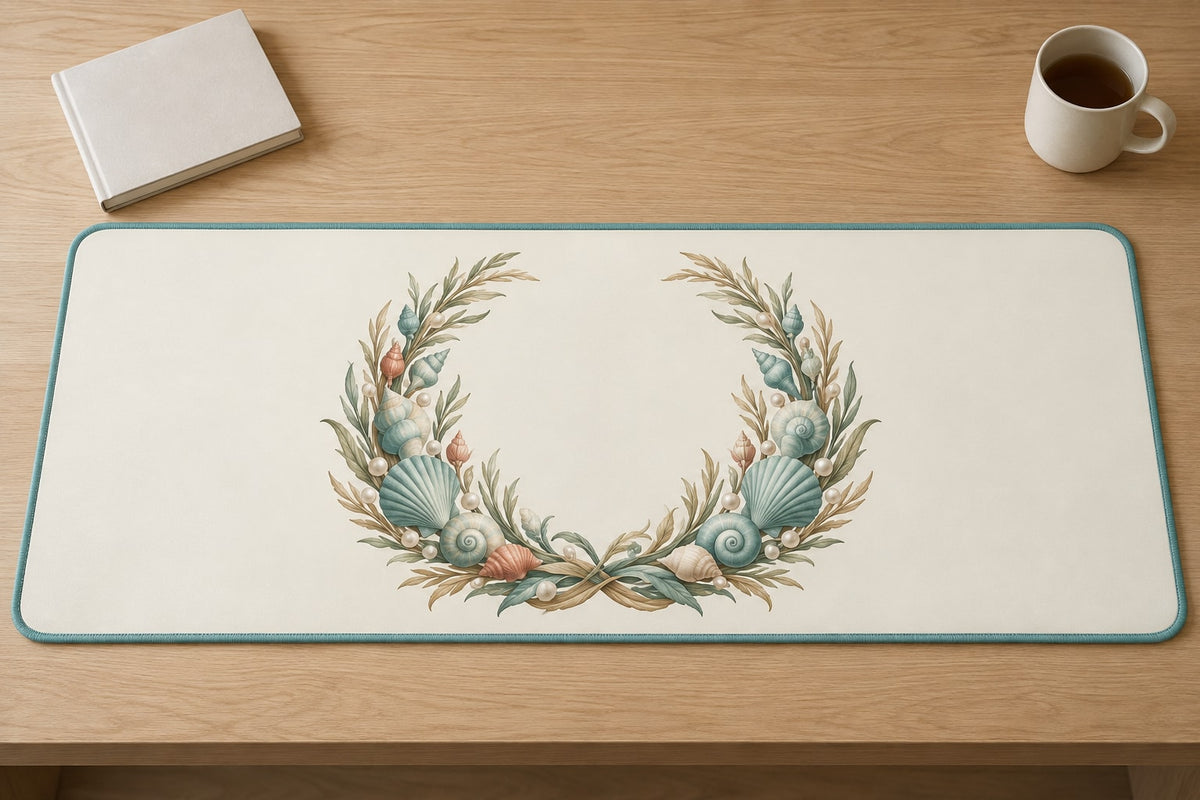 Coastal Shell Wedding Desk Mat with dimensional printed themed artwork; representative AI-generated mockup.