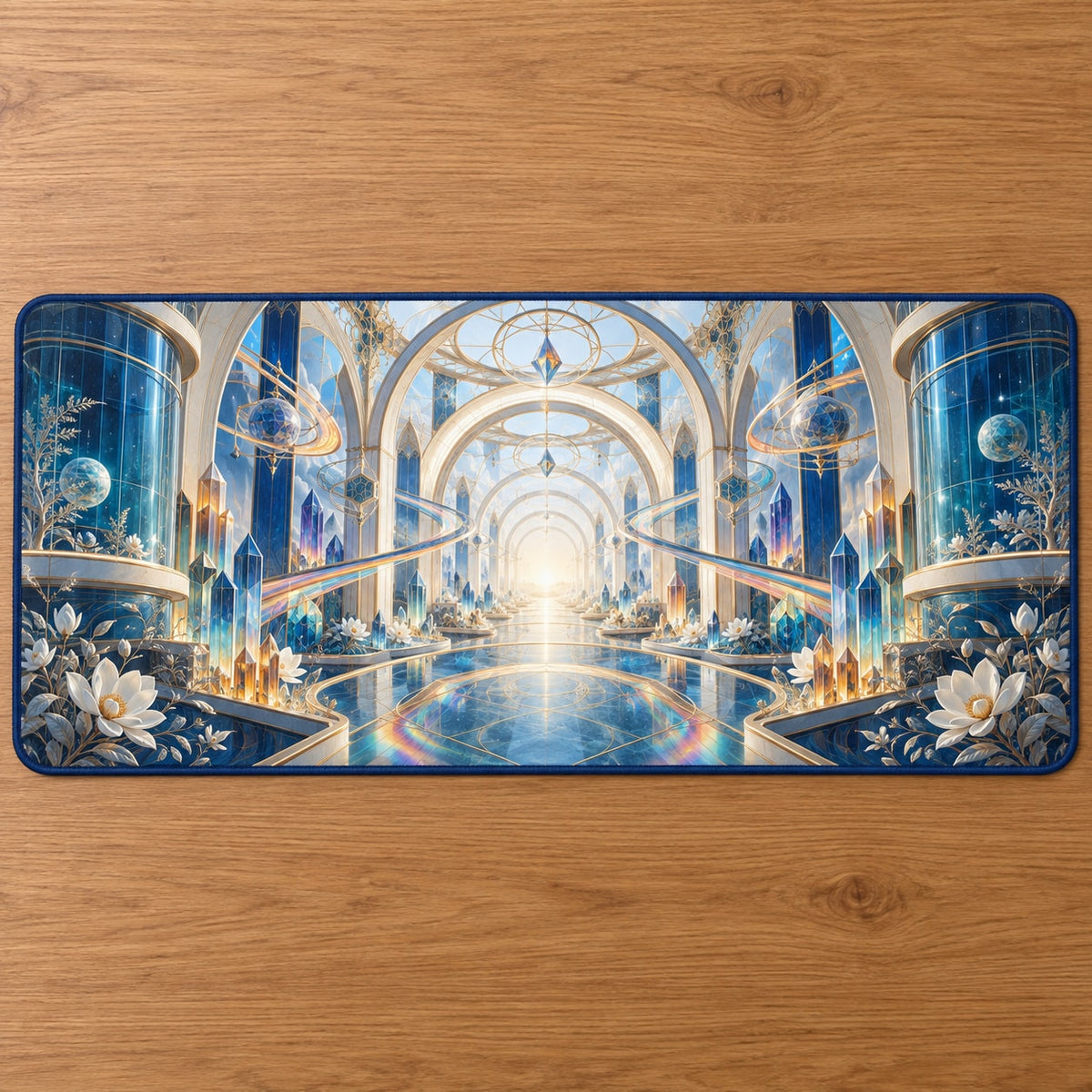 Laboratory Discovery Atrium Desk Mat with dimensional printed themed artwork; representative AI-generated mockup.