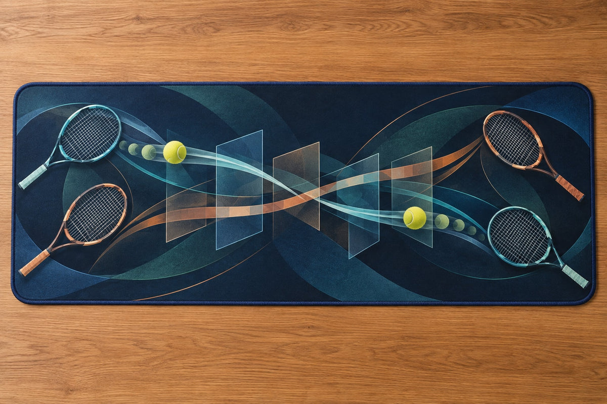 Doubles Rally Labyrinth Desk Mat with dimensional printed themed artwork; representative AI-generated mockup.