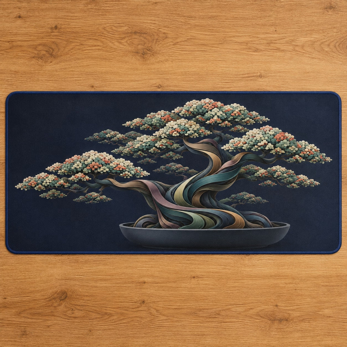 Midnight Bonsai Cloudrise Desk Mat with dimensional printed themed artwork; representative AI-generated mockup.