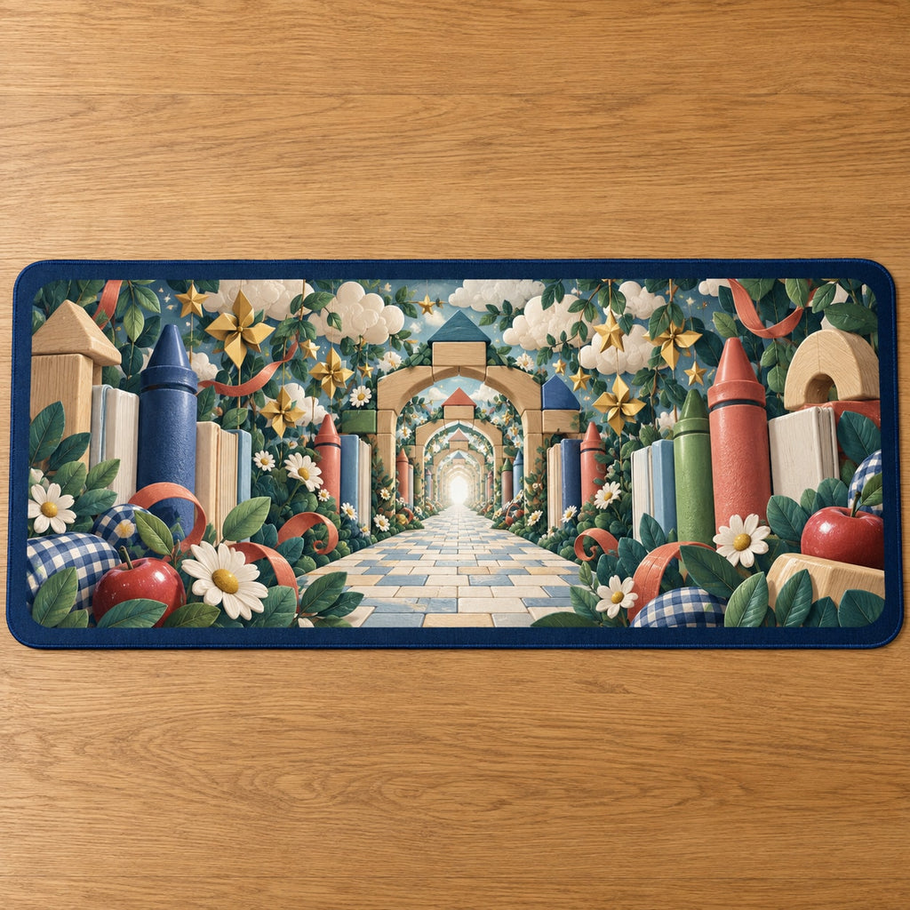 Kindergarten Wonder Garden Desk Mat with dimensional printed themed artwork; representative AI-generated mockup.