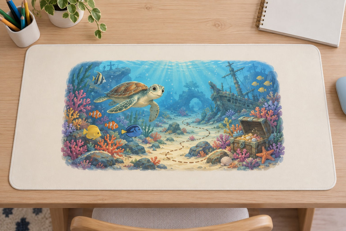 Underwater Treasure Map Desk Mat with dimensional printed themed artwork; representative AI-generated mockup.