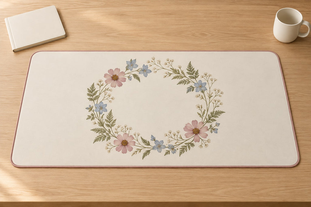 Pressed Flower Wedding Wreath Desk Mat with dimensional printed themed artwork; representative AI-generated mockup.