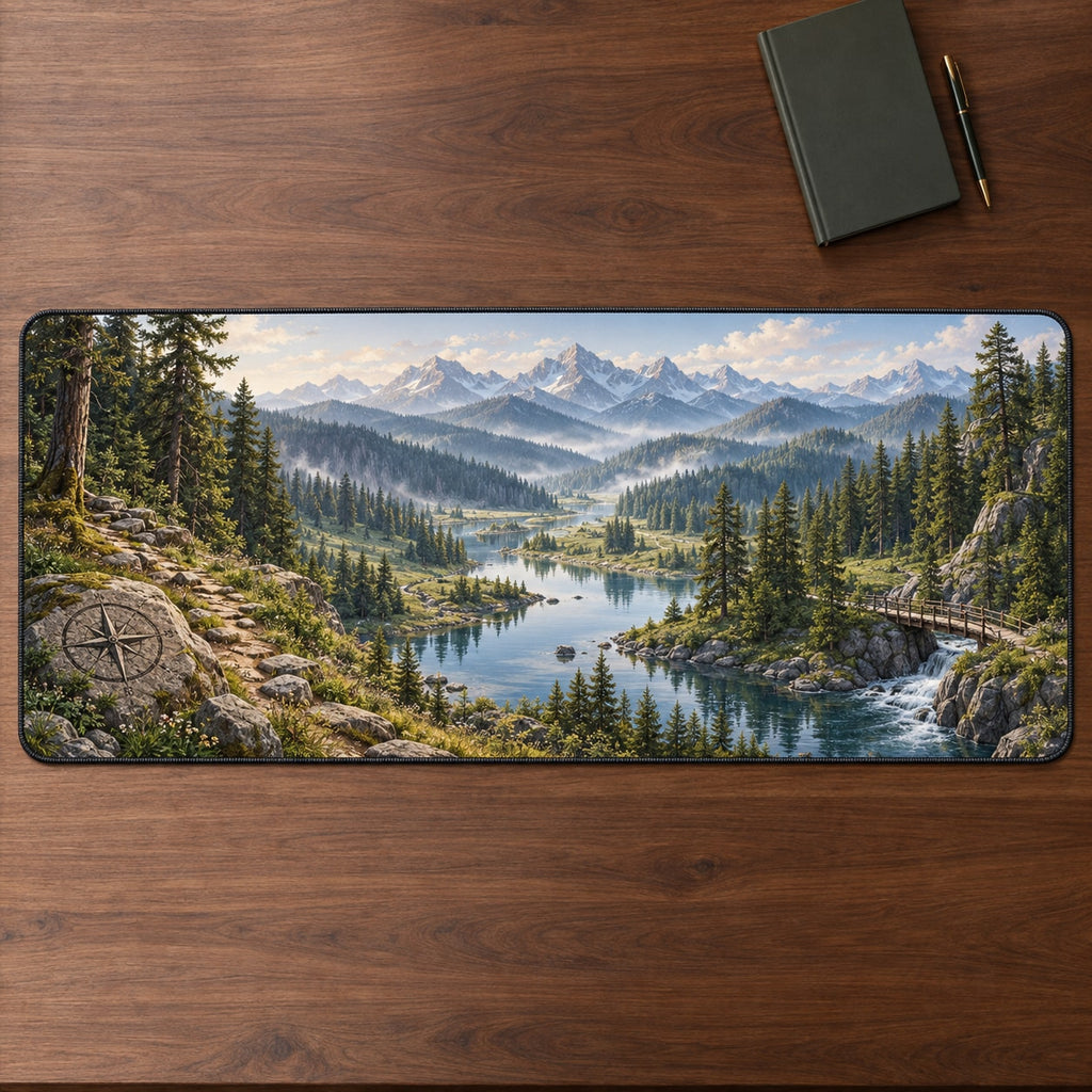 Forest Adventure Map Desk Mat with dimensional printed themed artwork; representative AI-generated mockup.