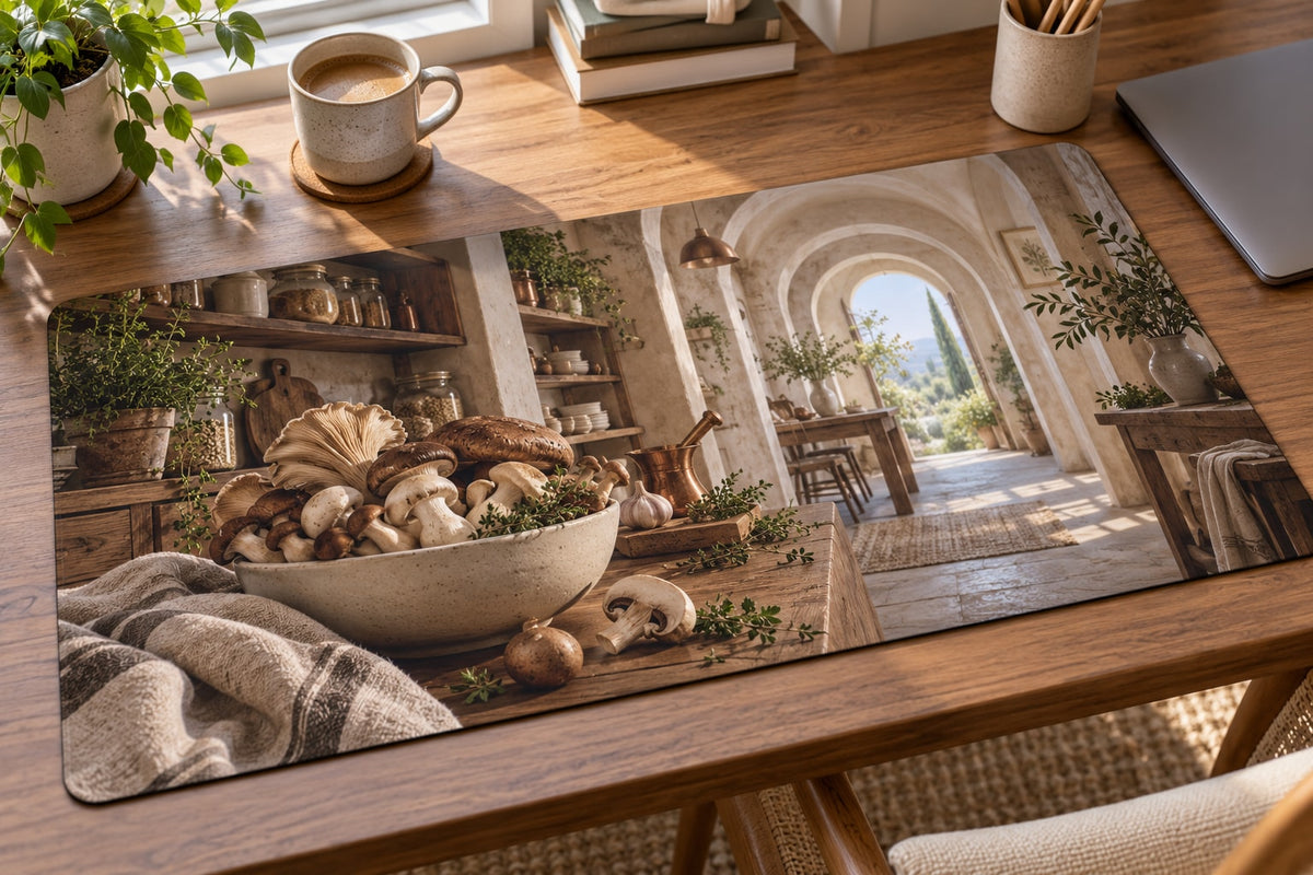 Mushroom Kitchen Study Desk Mat with dimensional printed themed artwork; representative AI-generated mockup.